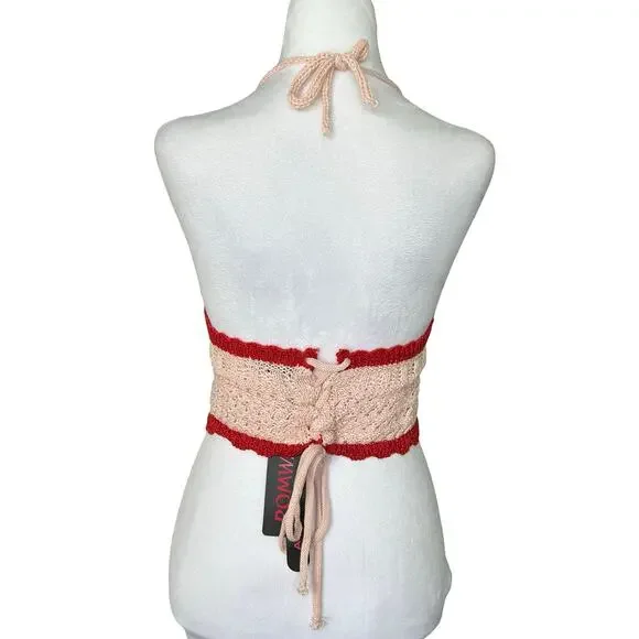 NWT Pink Red Strawberry Crotchet Crop Top L 8 10 Festival Going Out Hippie Boho - Picture 3 of 5